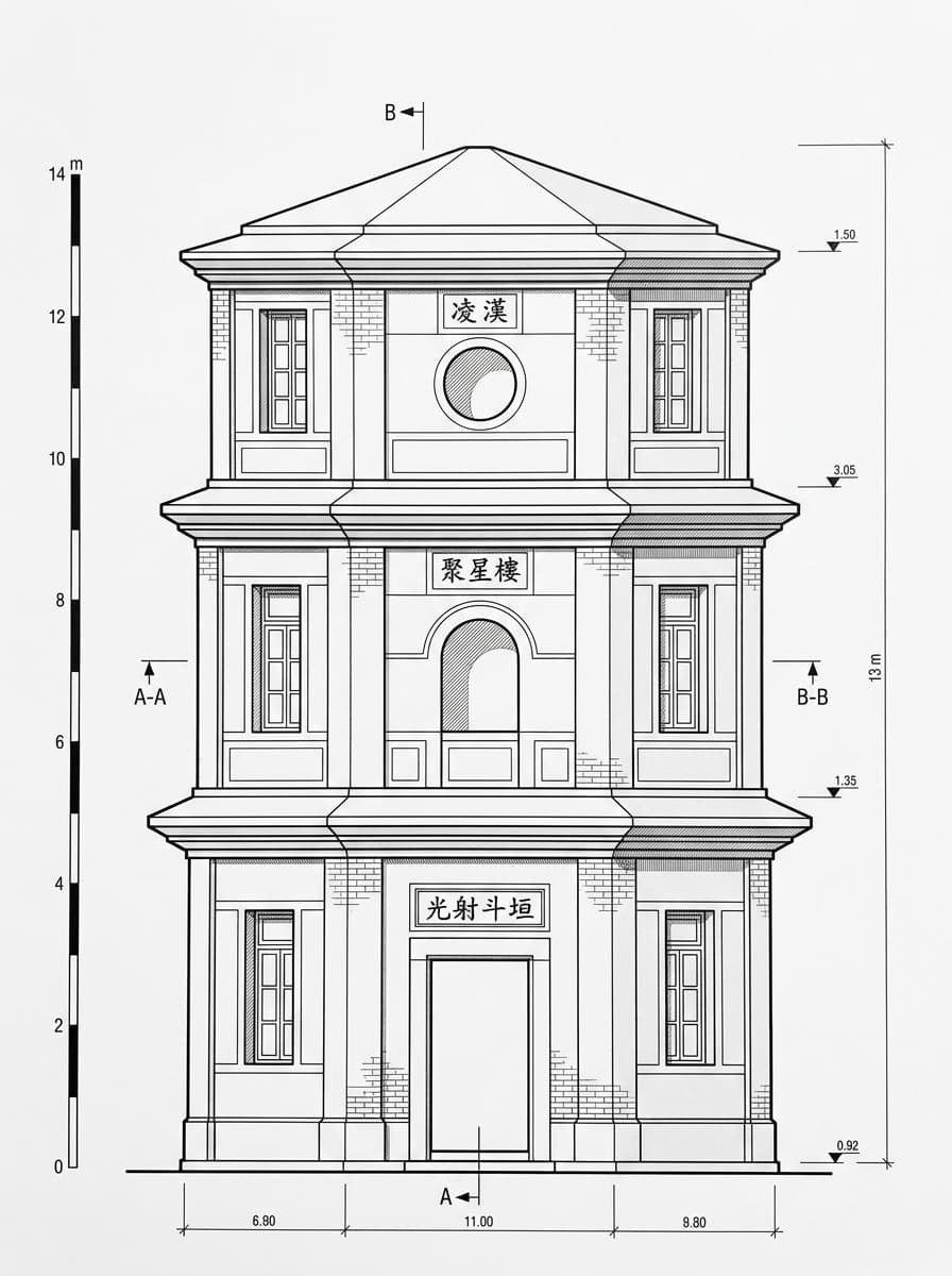 Architectural elevation drawing of Tsui Sing Lau Pagoda, Yuen Long, Hong Kong
