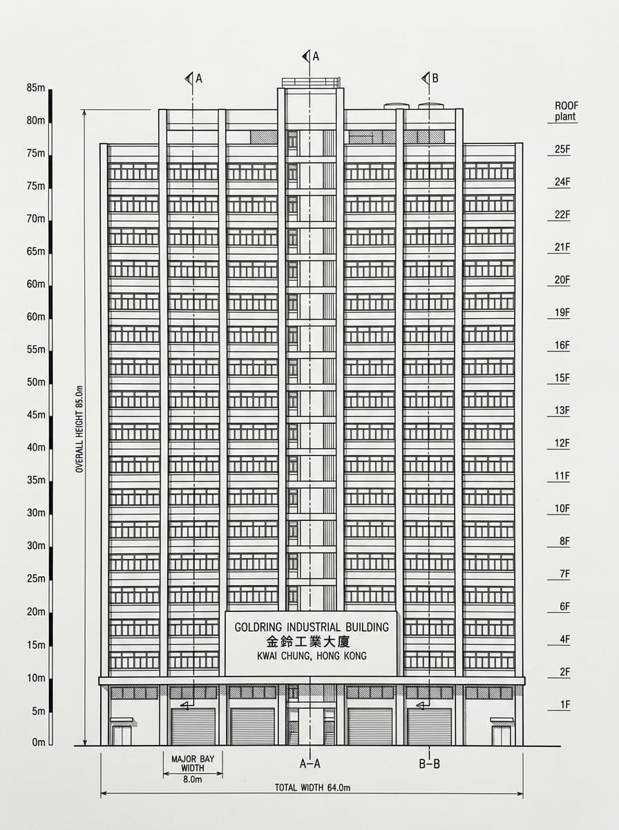 Architectural elevation drawing of Goldring Industrial Building, Sham Shui Po, Hong Kong