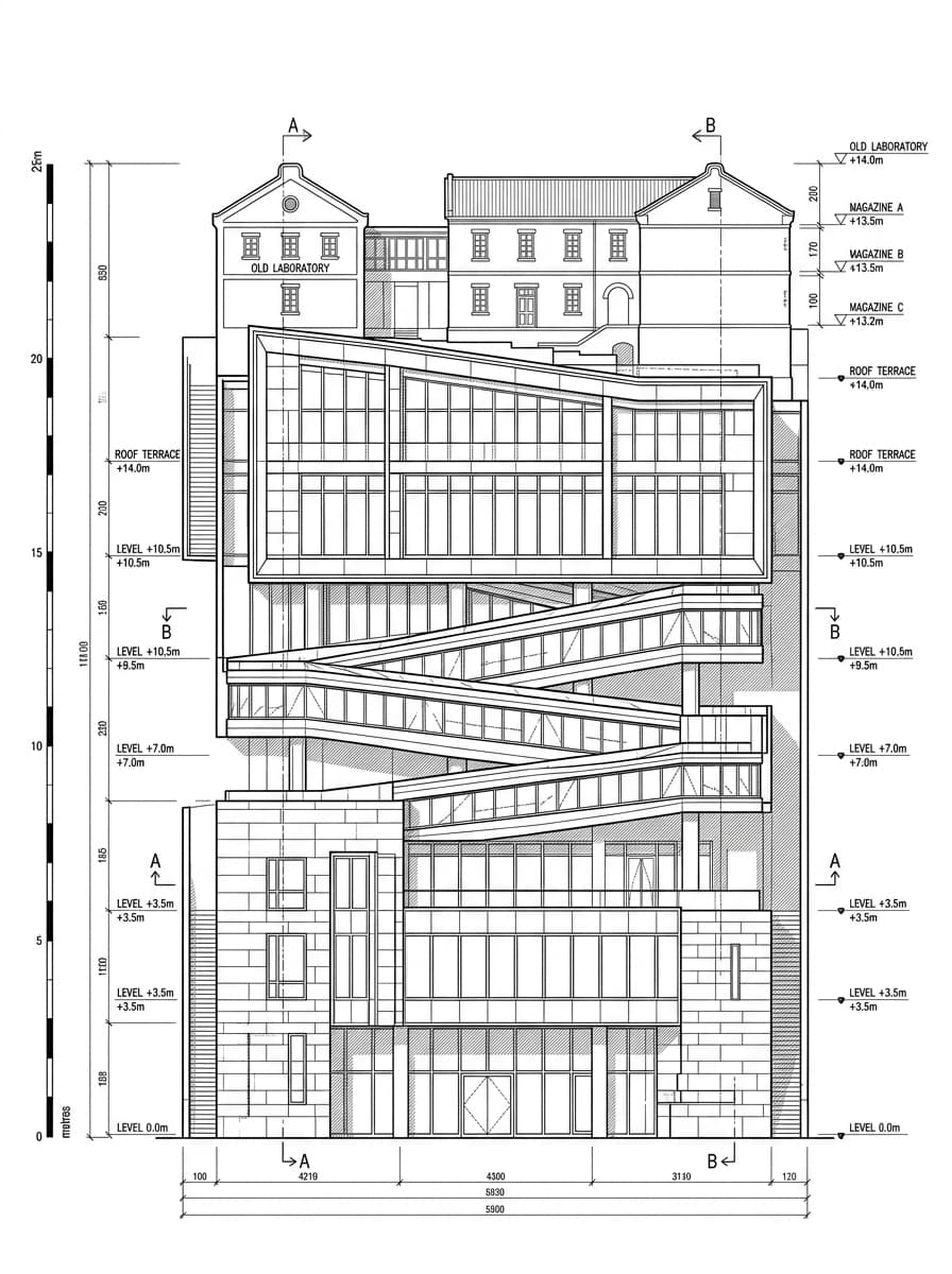 Architectural elevation drawing of Asia Society Hong Kong Center, Admiralty, Hong Kong