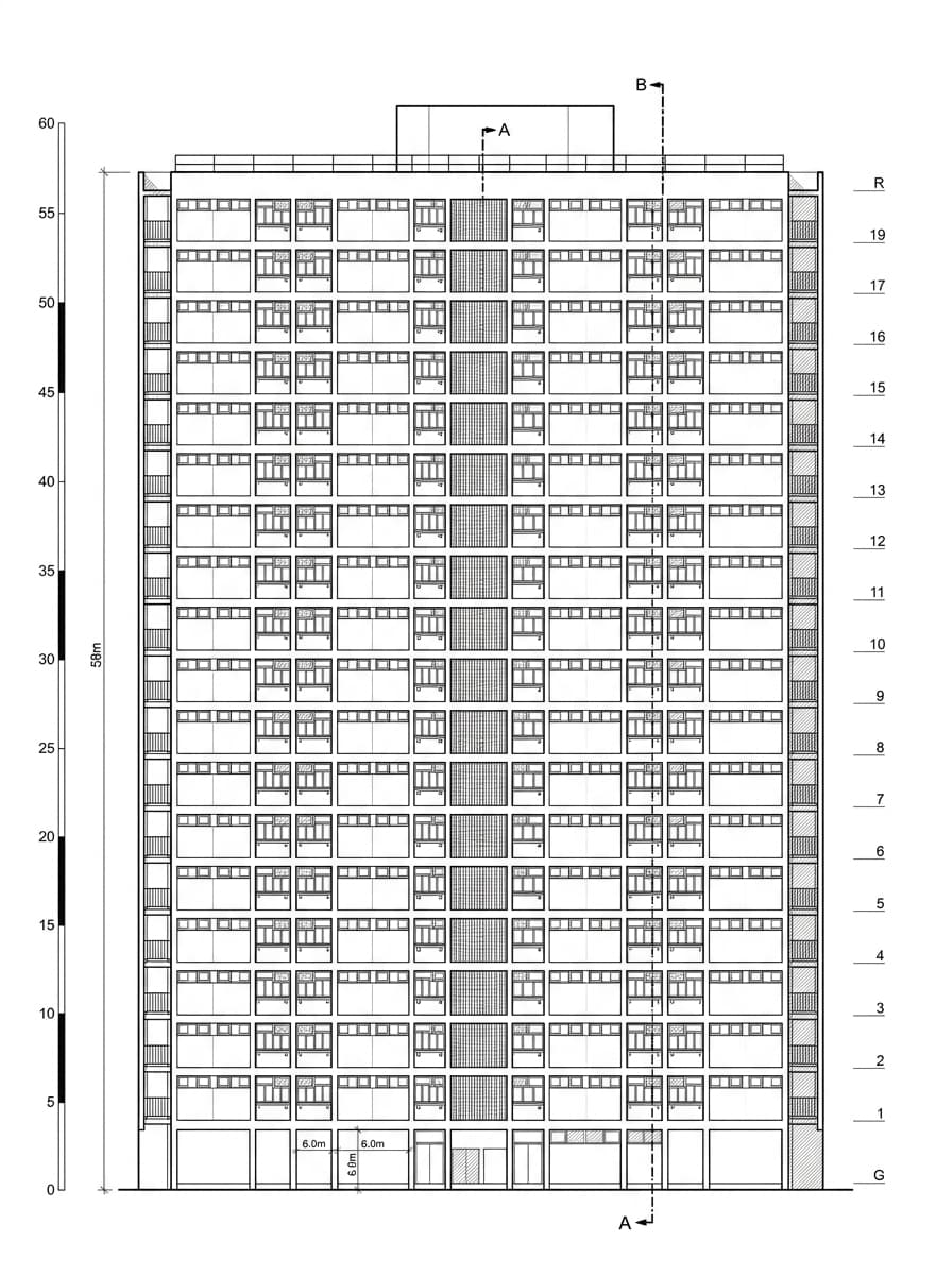 Architectural elevation drawing of Choi Hung Estate, Wong Tai Sin, Hong Kong