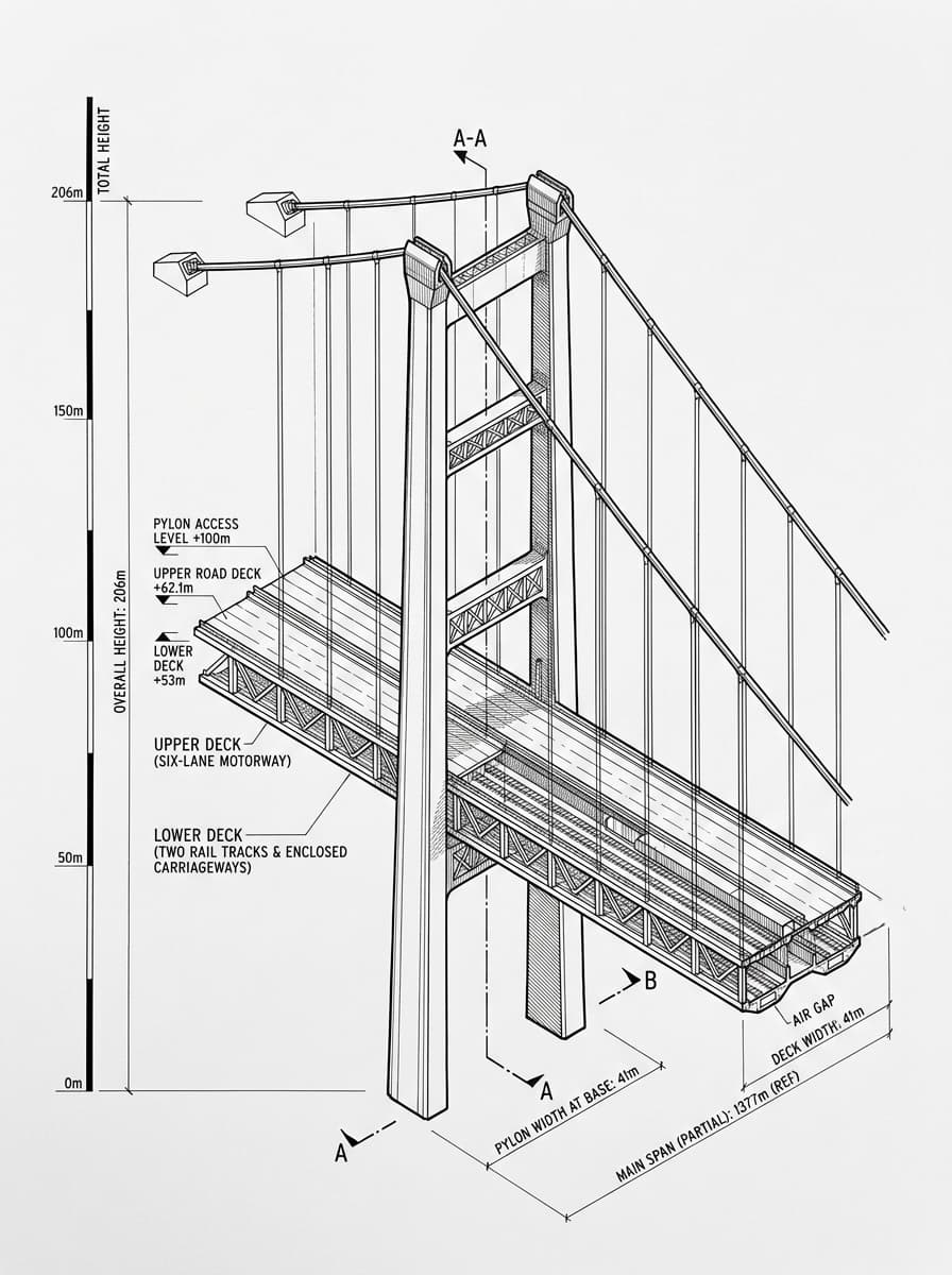 Architectural elevation drawing of Tsing Ma Bridge, Kwai Tsing, Hong Kong