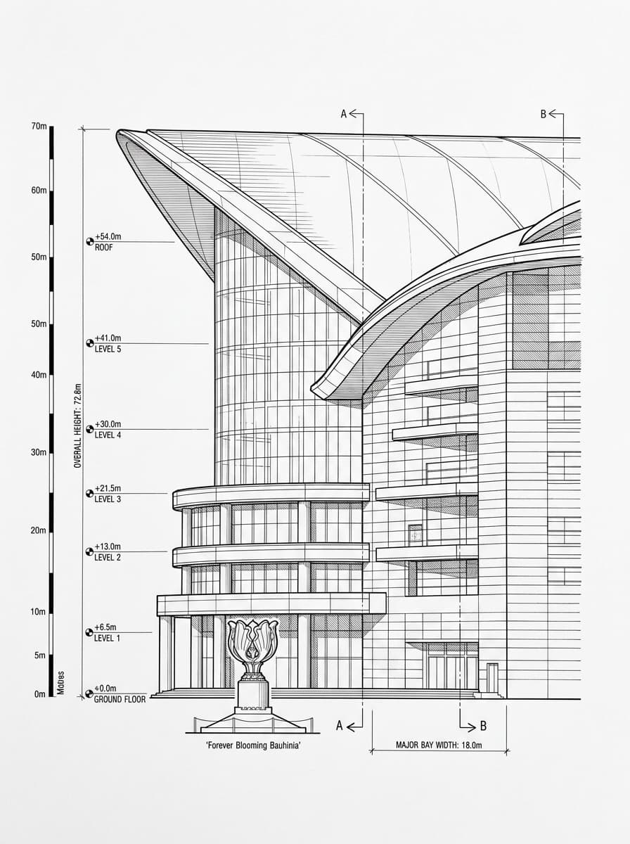 Architectural elevation drawing of Golden Bauhinia Square, Wan Chai, Hong Kong