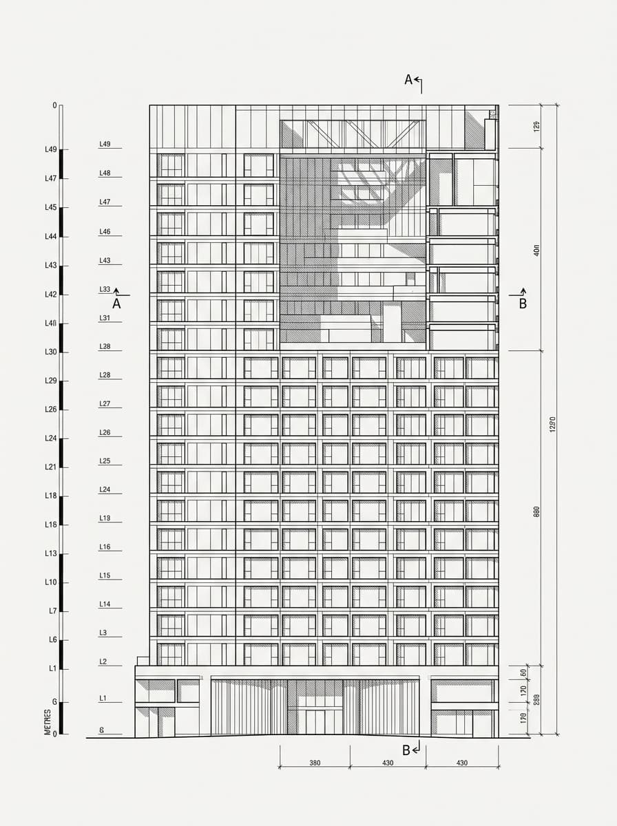 Architectural elevation drawing of The Upper House, Admiralty, Hong Kong