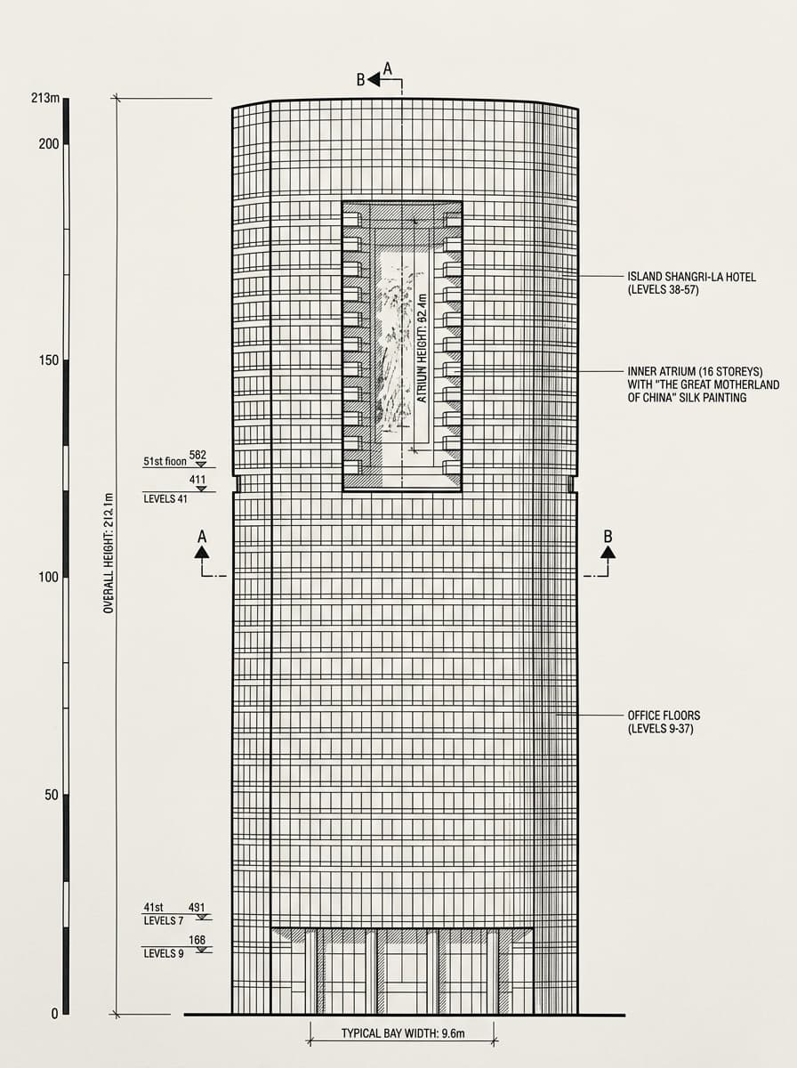Architectural elevation drawing of Island Shangri-La, Admiralty, Hong Kong
