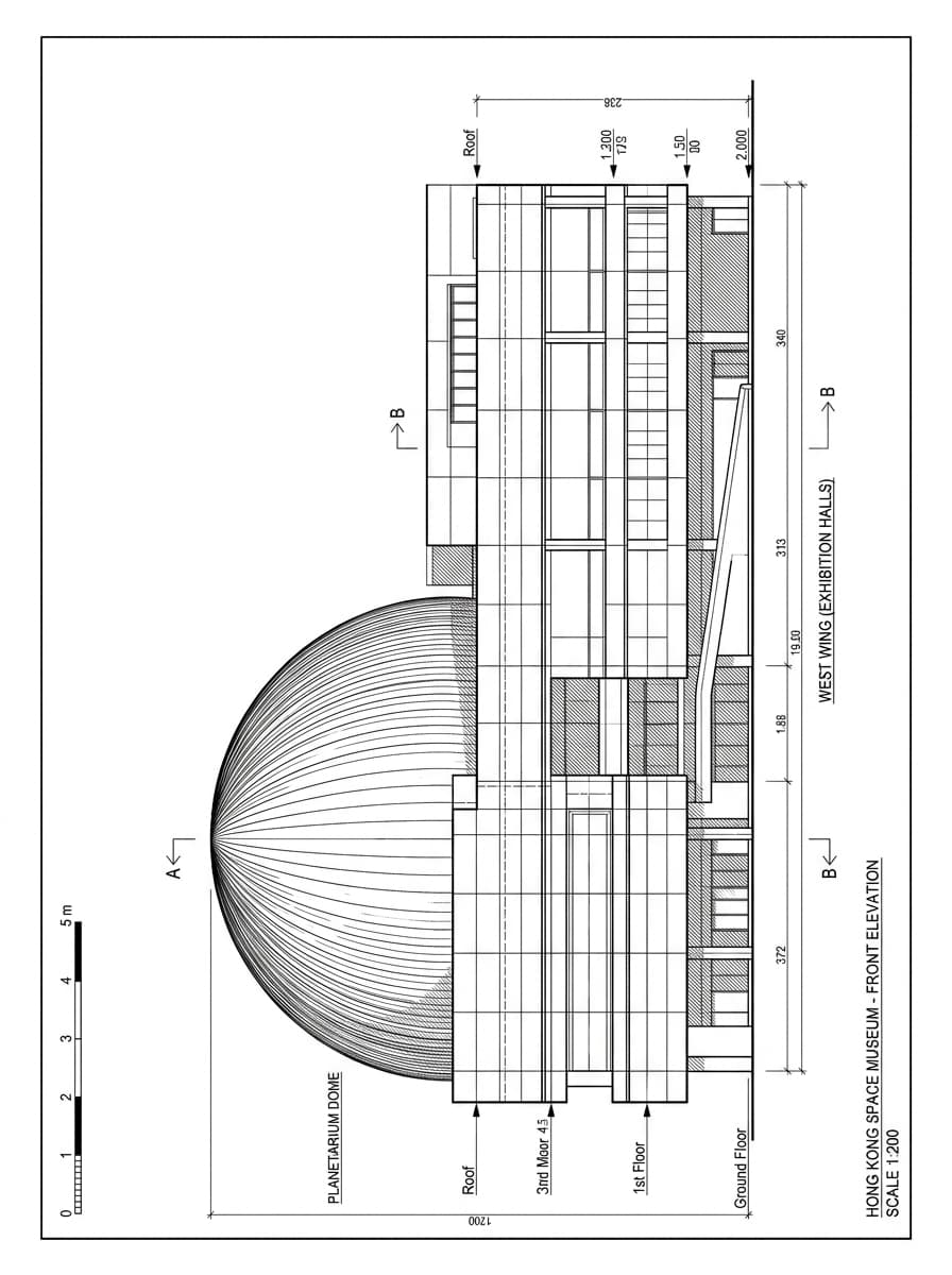 Architectural elevation drawing of Hong Kong Space Museum, Tsim Sha Tsui, Hong Kong