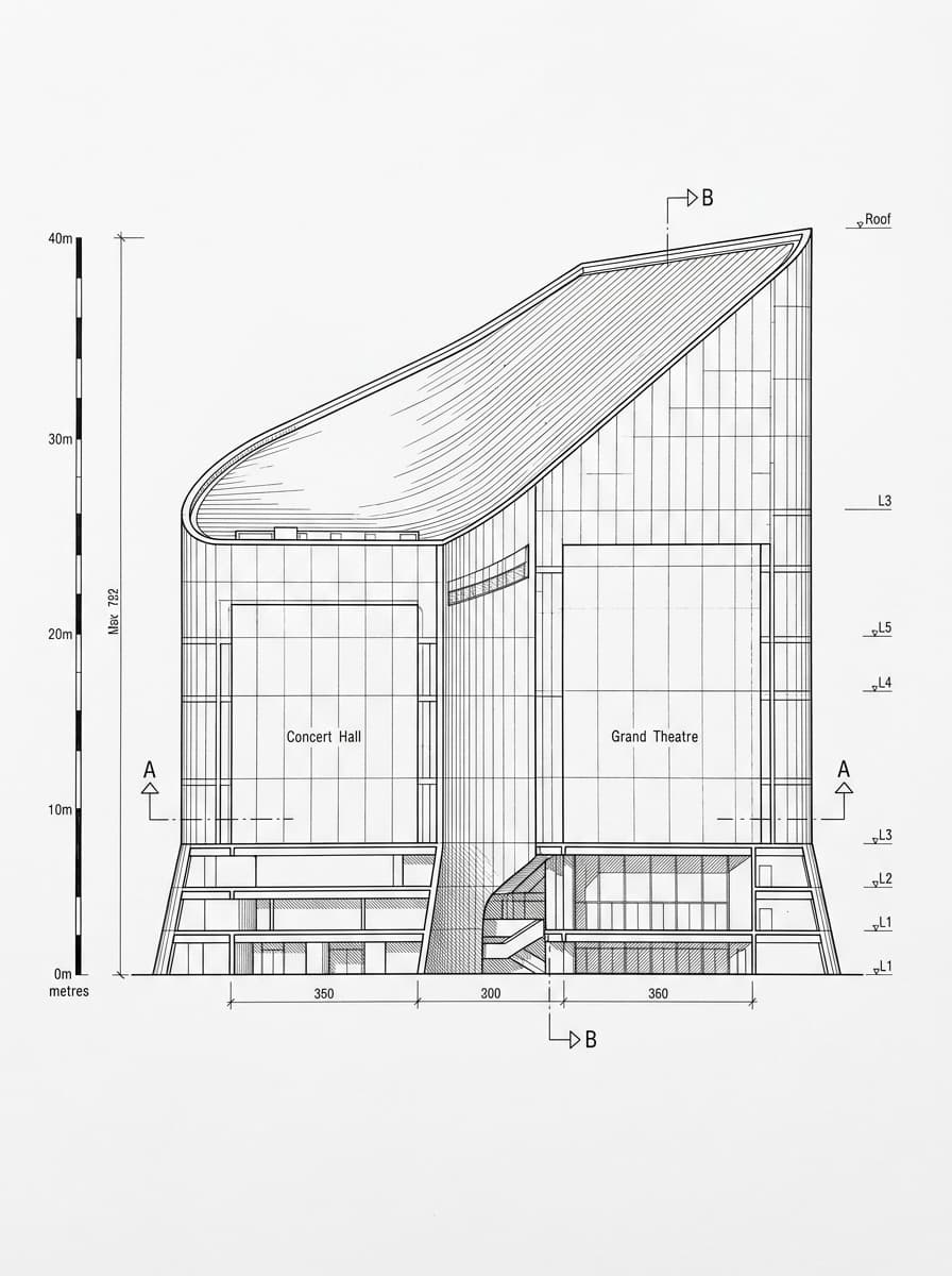 Architectural elevation drawing of Hong Kong Cultural Centre, Tsim Sha Tsui, Hong Kong