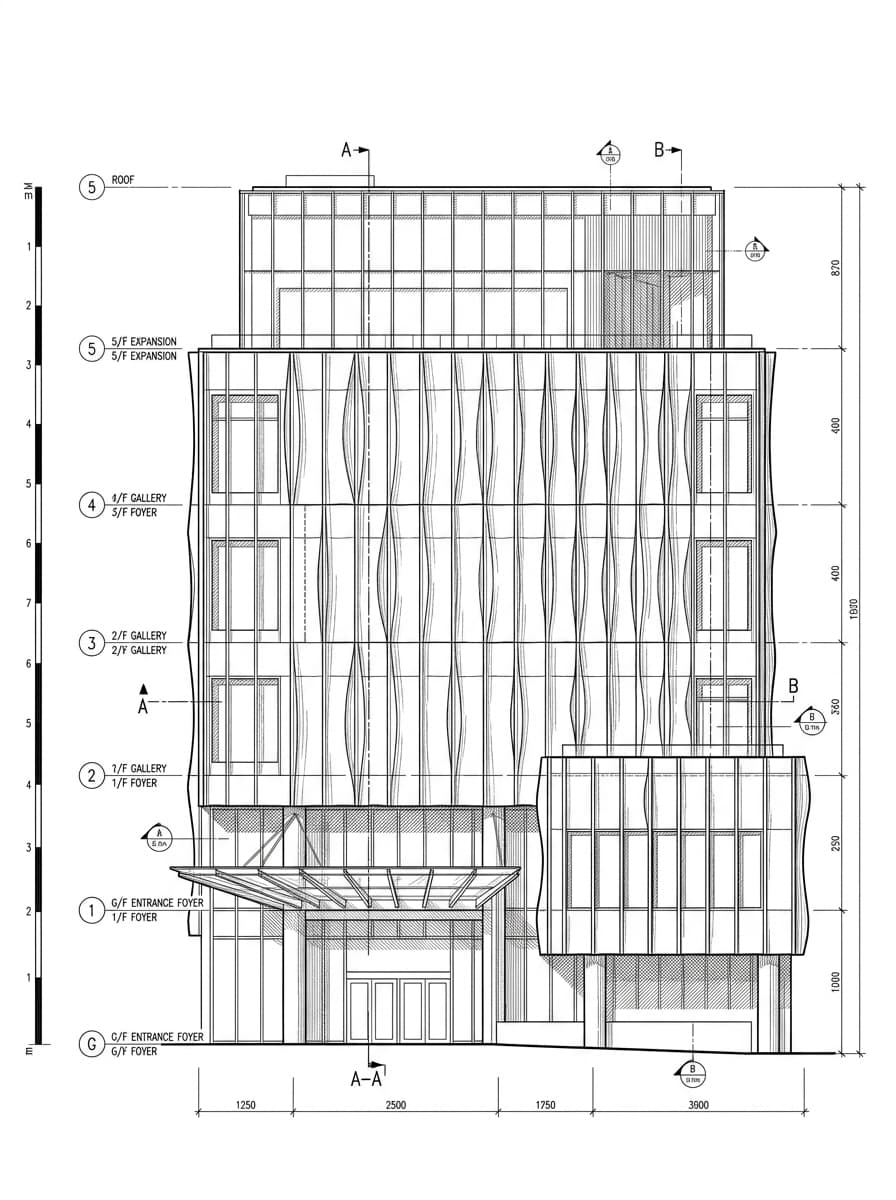 Architectural elevation drawing of Hong Kong Museum of Art, Tsim Sha Tsui, Hong Kong