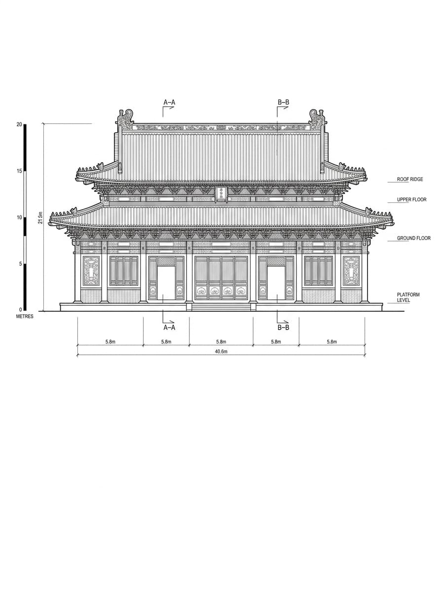 Architectural elevation drawing of Po Lin Monastery, Islands, Hong Kong