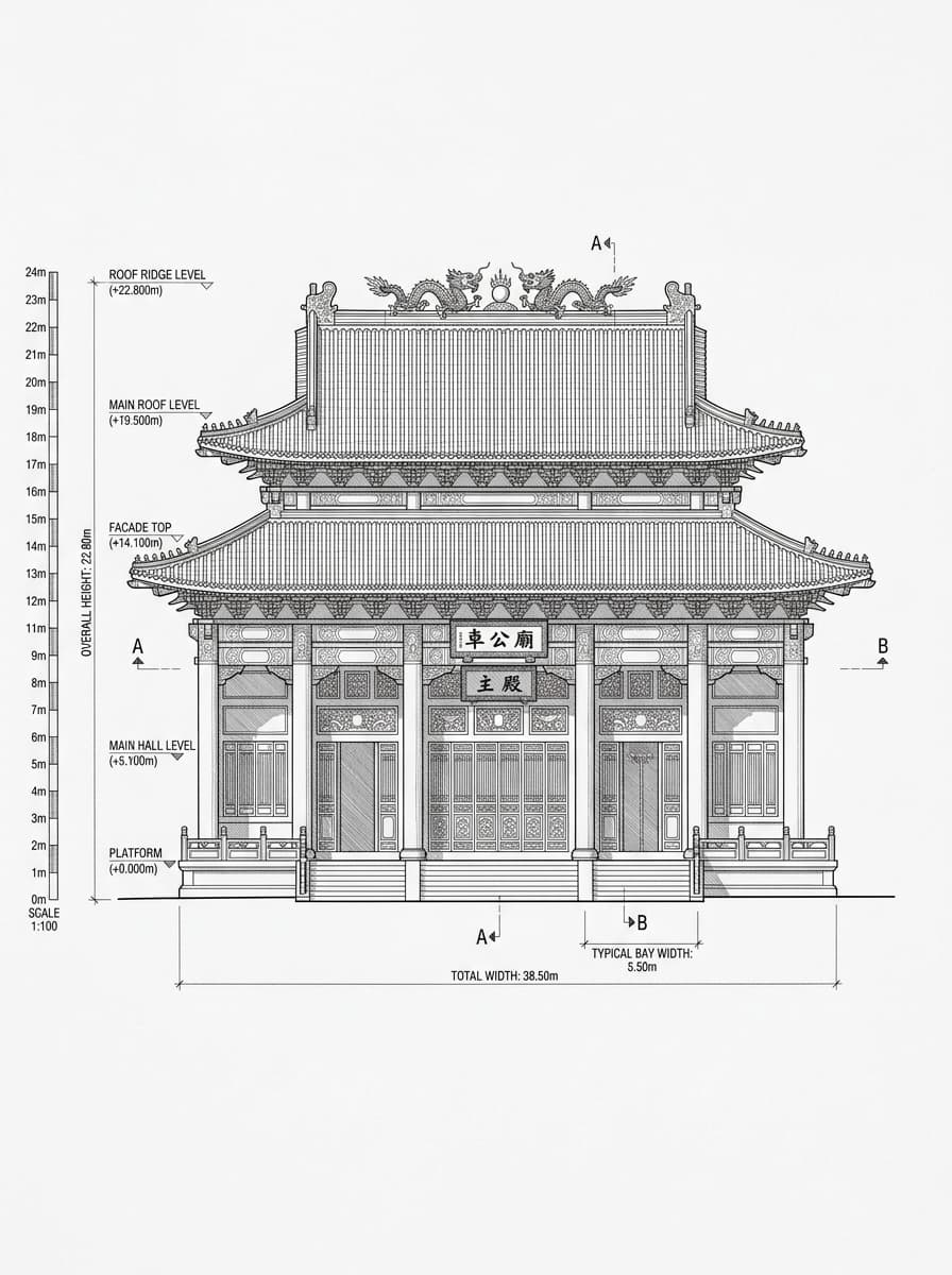 Architectural elevation drawing of Che Kung Temple, Sha Tin, Hong Kong
