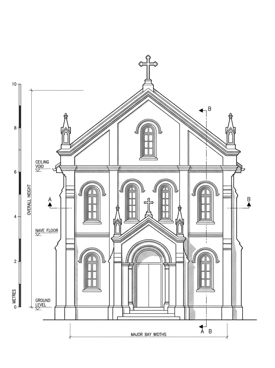 Architectural elevation drawing of St. Joseph's Chapel (Yim Tin Tsai), Sai Kung, Hong Kong