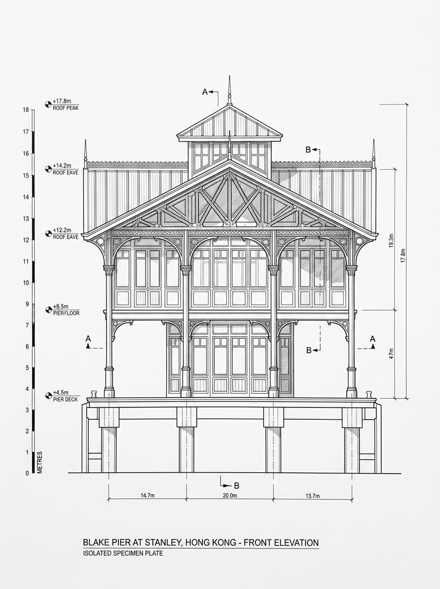 Architectural elevation drawing of Blake Pier at Stanley, Southern, Hong Kong
