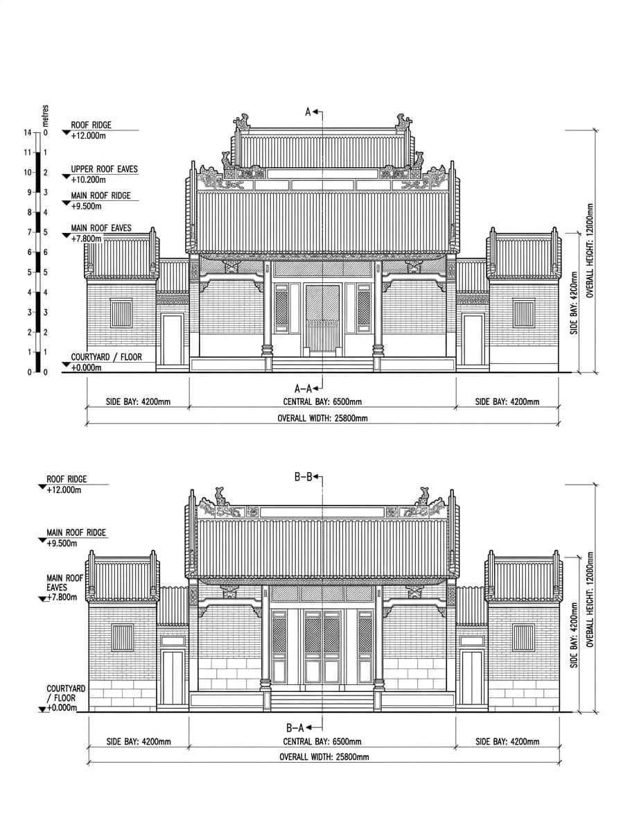 Architectural elevation drawing of Tin Hau Temple (Joss House Bay), Sai Kung, Hong Kong