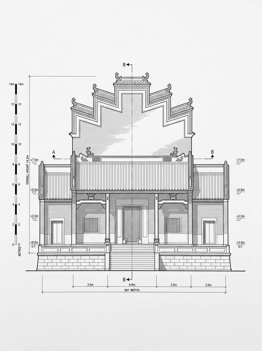 Architectural elevation drawing of Hau Wong Temple (Kowloon City), Kowloon City, Hong Kong