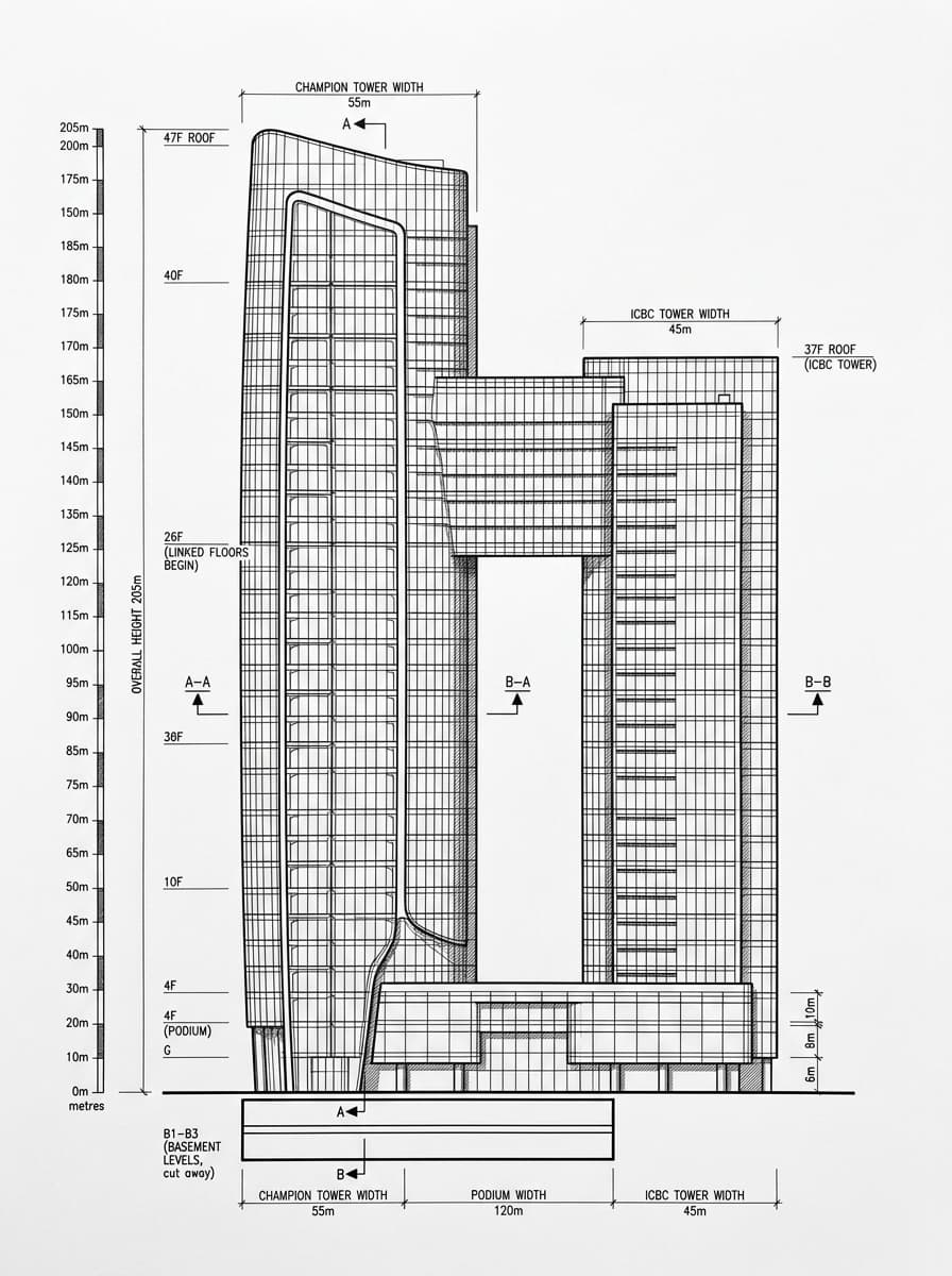 Architectural elevation drawing of Three Garden Road, Central, Hong Kong