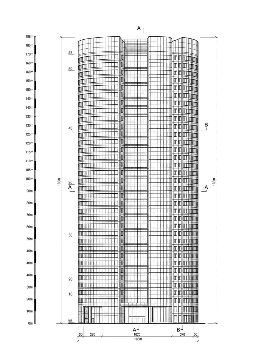Architectural elevation drawing of One Exchange Square, Central, Hong Kong
