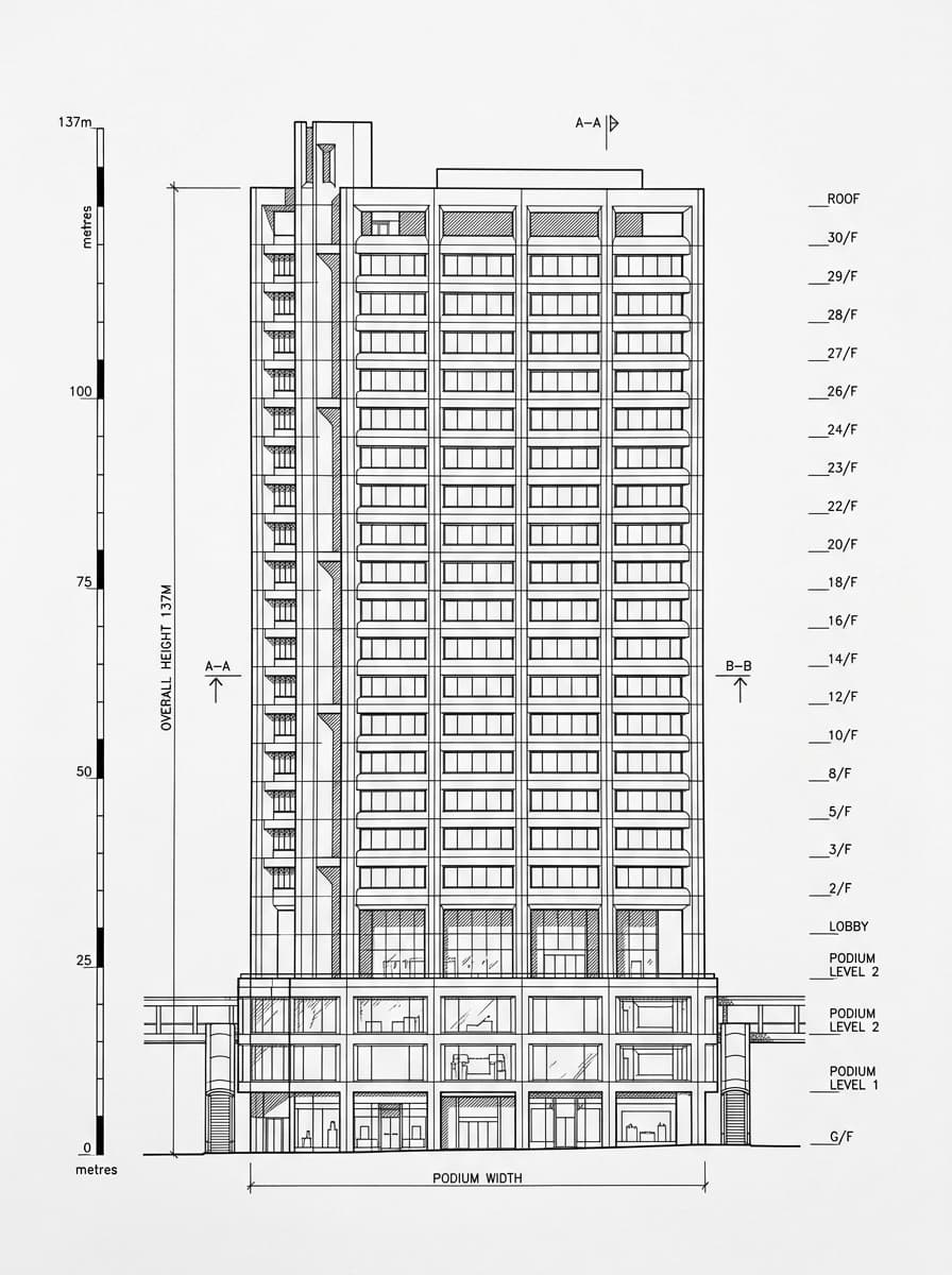 Architectural elevation drawing of Chater House, Central, Hong Kong