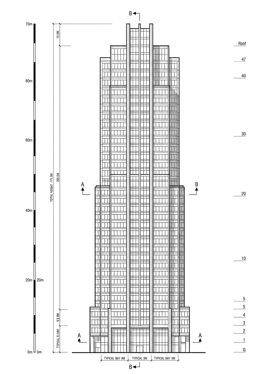 Architectural elevation drawing of Edinburgh Tower, Central, Hong Kong