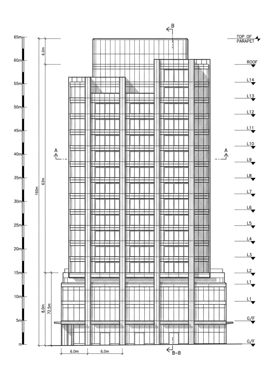 Architectural elevation drawing of York House, Central, Hong Kong