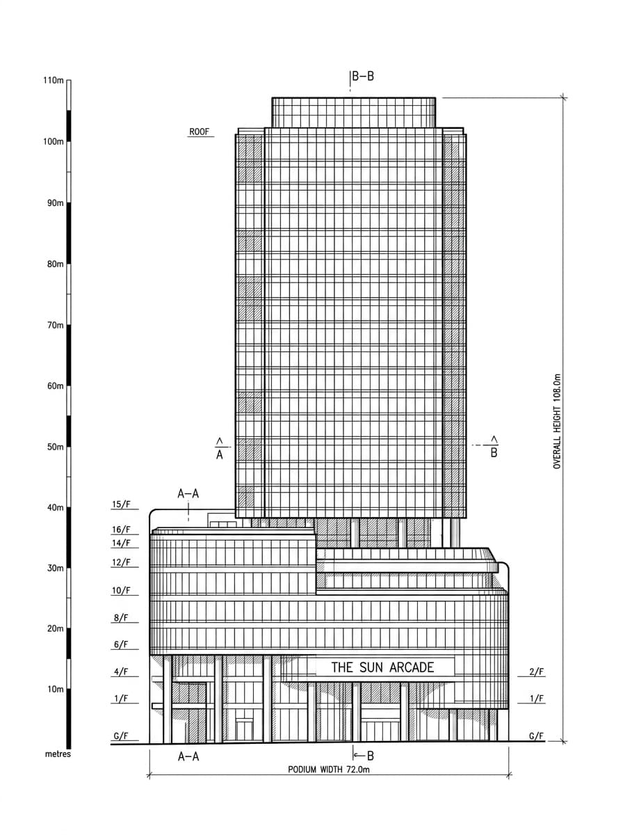 Architectural elevation drawing of Lippo Sun Plaza, Tsim Sha Tsui, Hong Kong