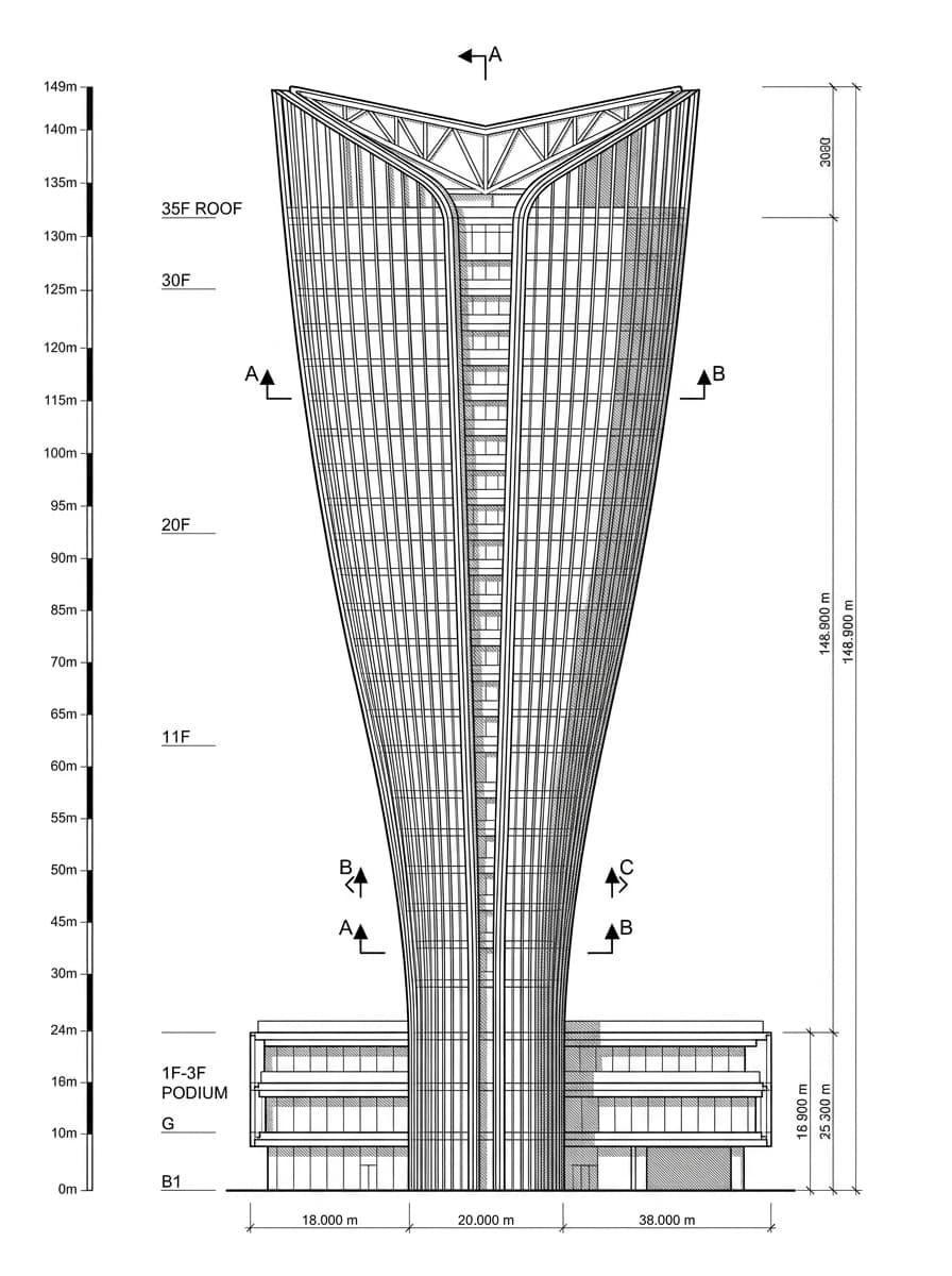 Architectural elevation drawing of One Hennessy, Wan Chai, Hong Kong