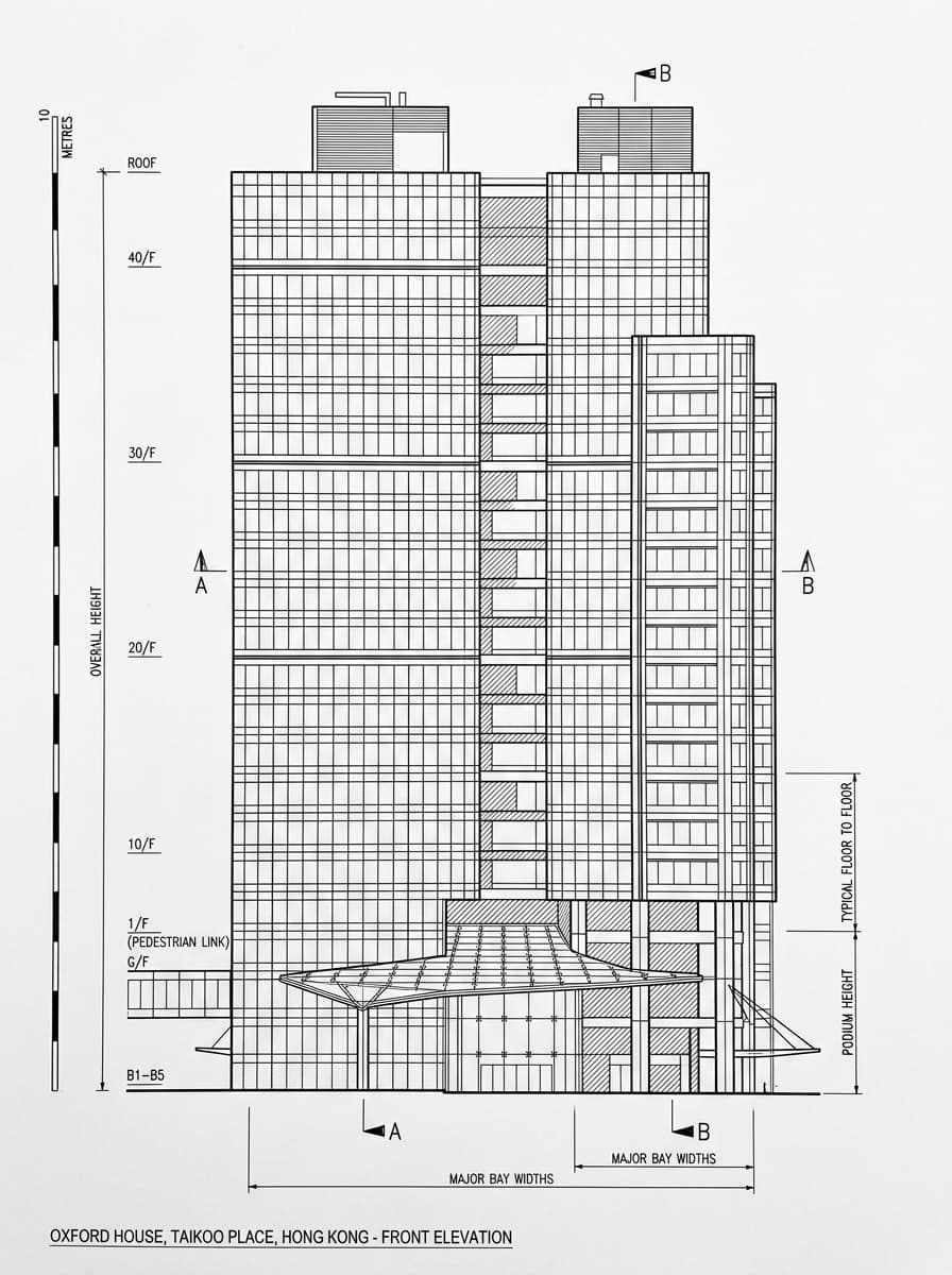 Architectural elevation drawing of Oxford House (Taikoo Place), Eastern, Hong Kong