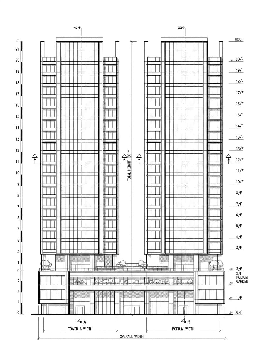 Architectural elevation drawing of One Bay East, Kwun Tong, Hong Kong
