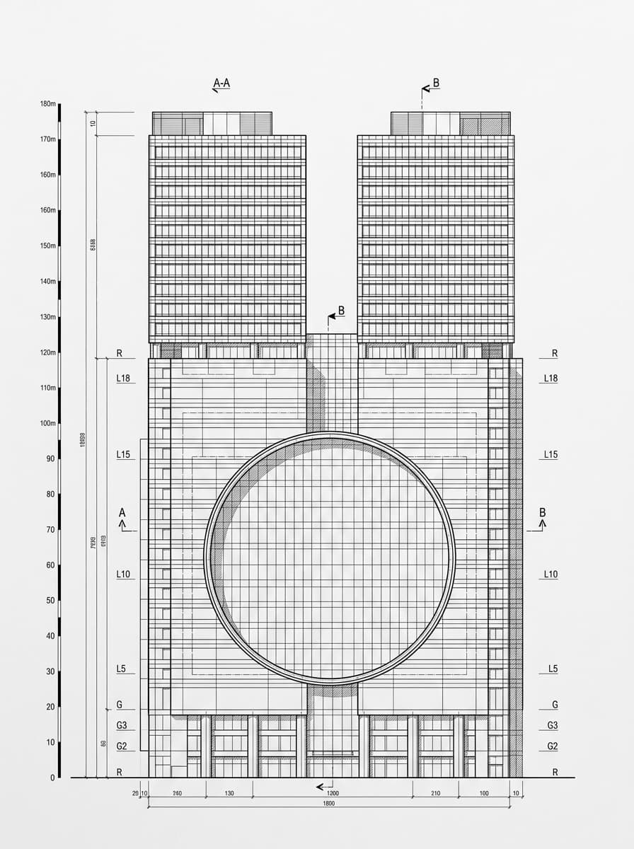 Architectural elevation drawing of Enterprise Square Five / MegaBox, Kwun Tong, Hong Kong
