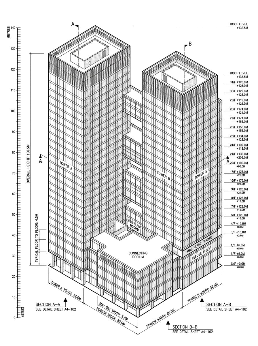 Architectural elevation drawing of Billion Centre, Kwun Tong, Hong Kong
