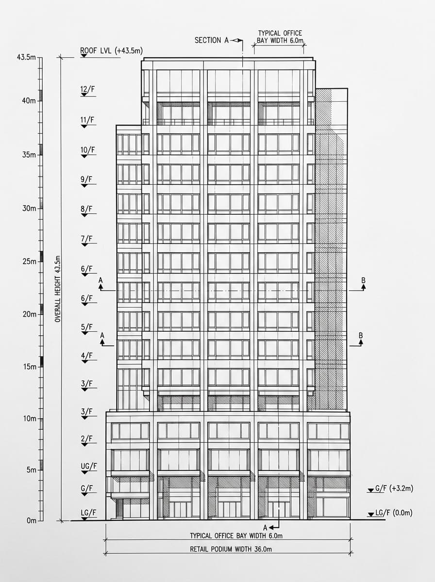 Architectural elevation drawing of Empire Centre, Tsim Sha Tsui, Hong Kong