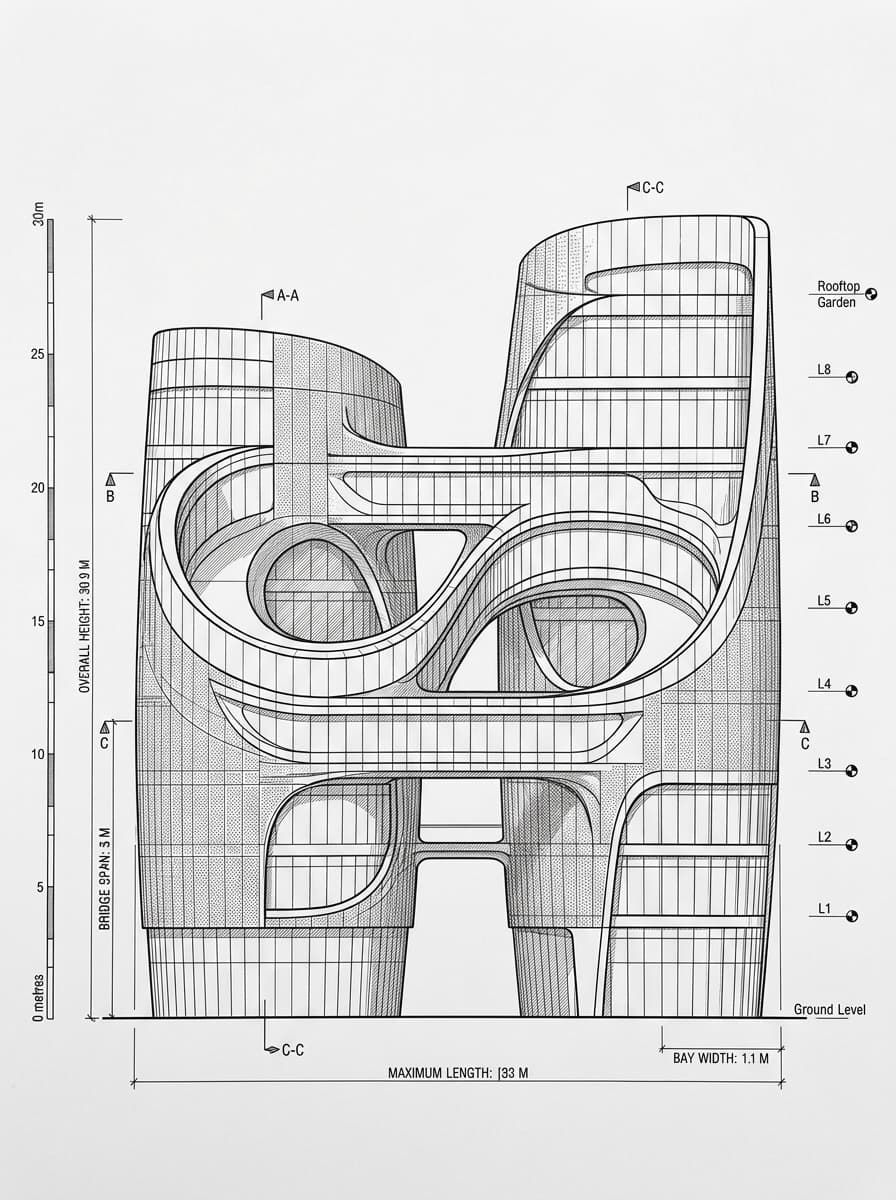 Architectural elevation drawing of Infinitus Plaza, Sheung Wan, Hong Kong
