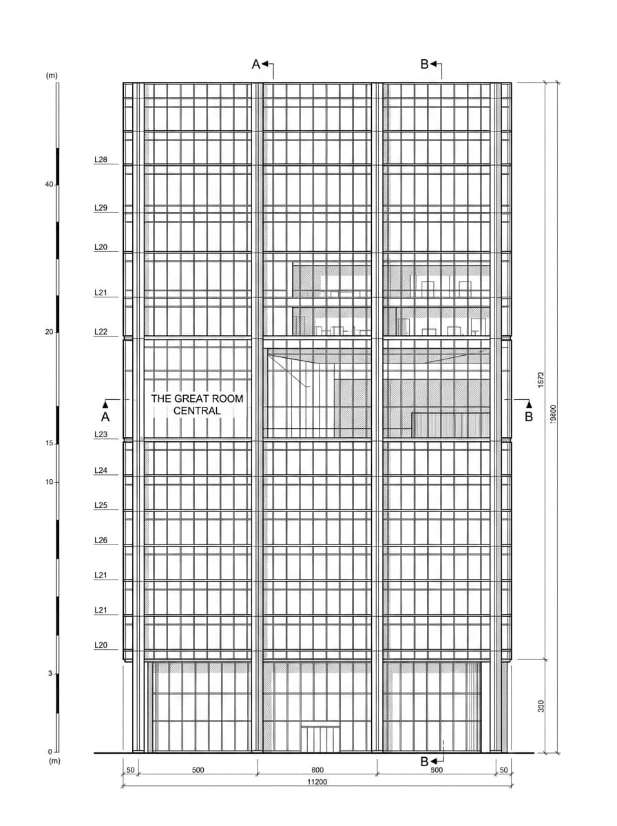 Architectural elevation drawing of The Great Room Central, Central, Hong Kong