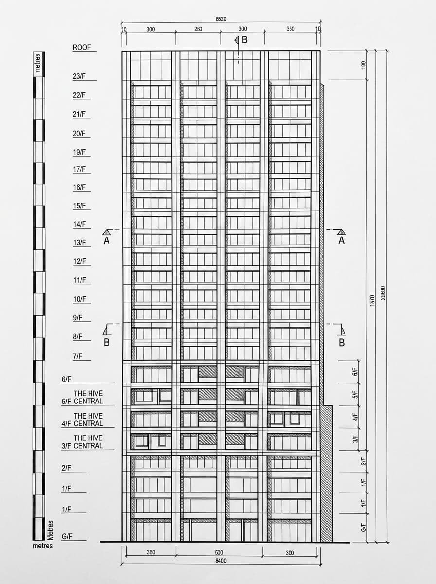 Architectural elevation drawing of The Hive Central, Sheung Wan, Hong Kong