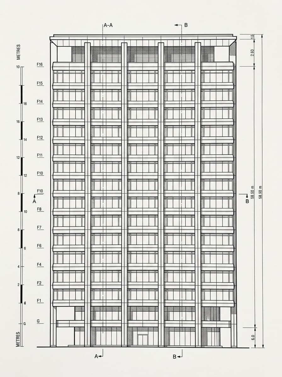 Architectural elevation drawing of Sun Life Tower, Tsim Sha Tsui, Hong Kong