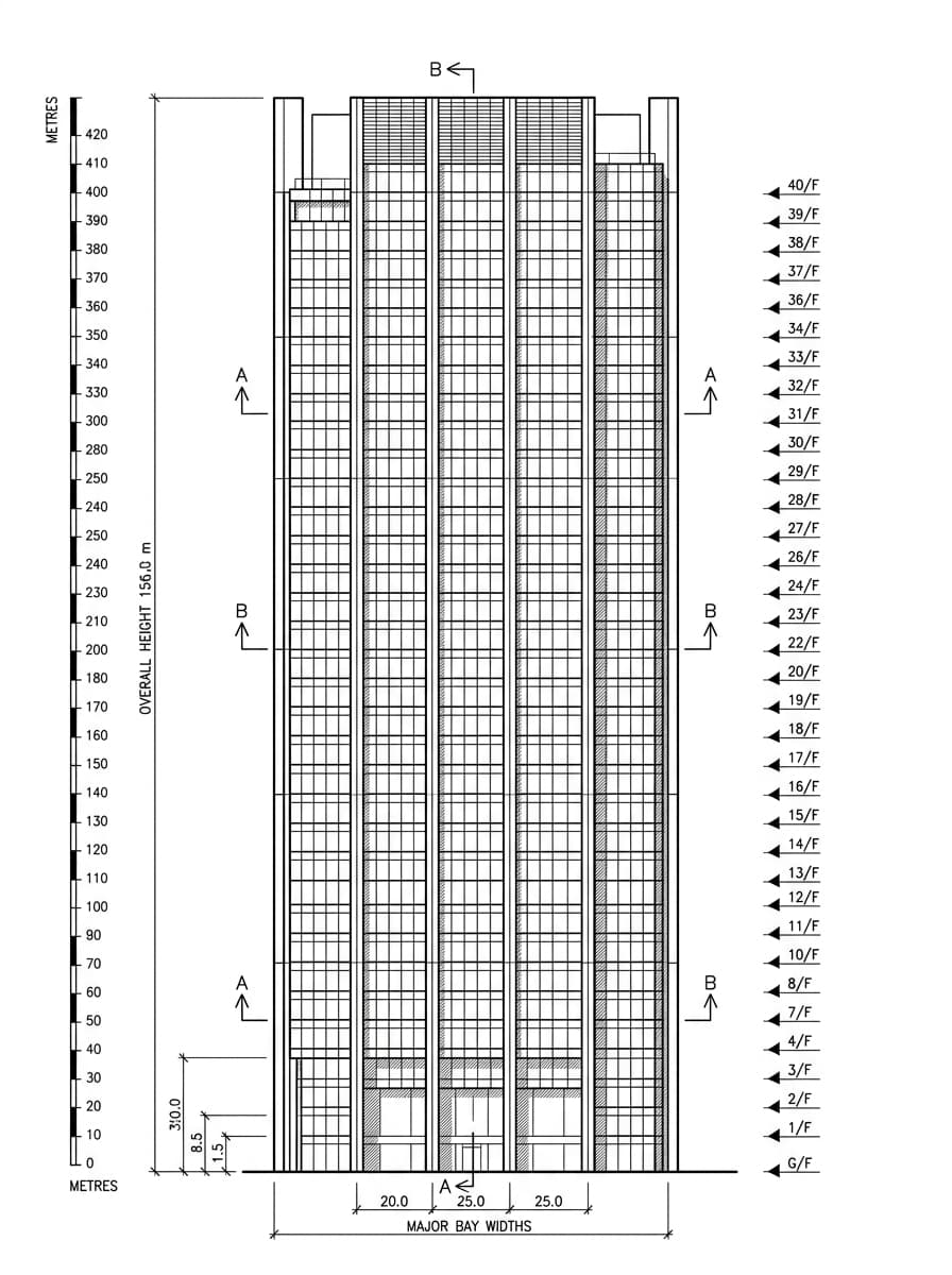 Architectural elevation drawing of Dah Sing Financial Centre, Wan Chai, Hong Kong
