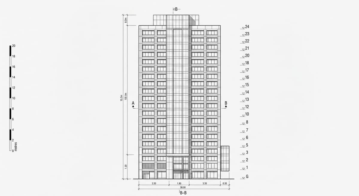Architectural elevation drawing of Bonham Strand Trade Centre, Sheung Wan, Hong Kong