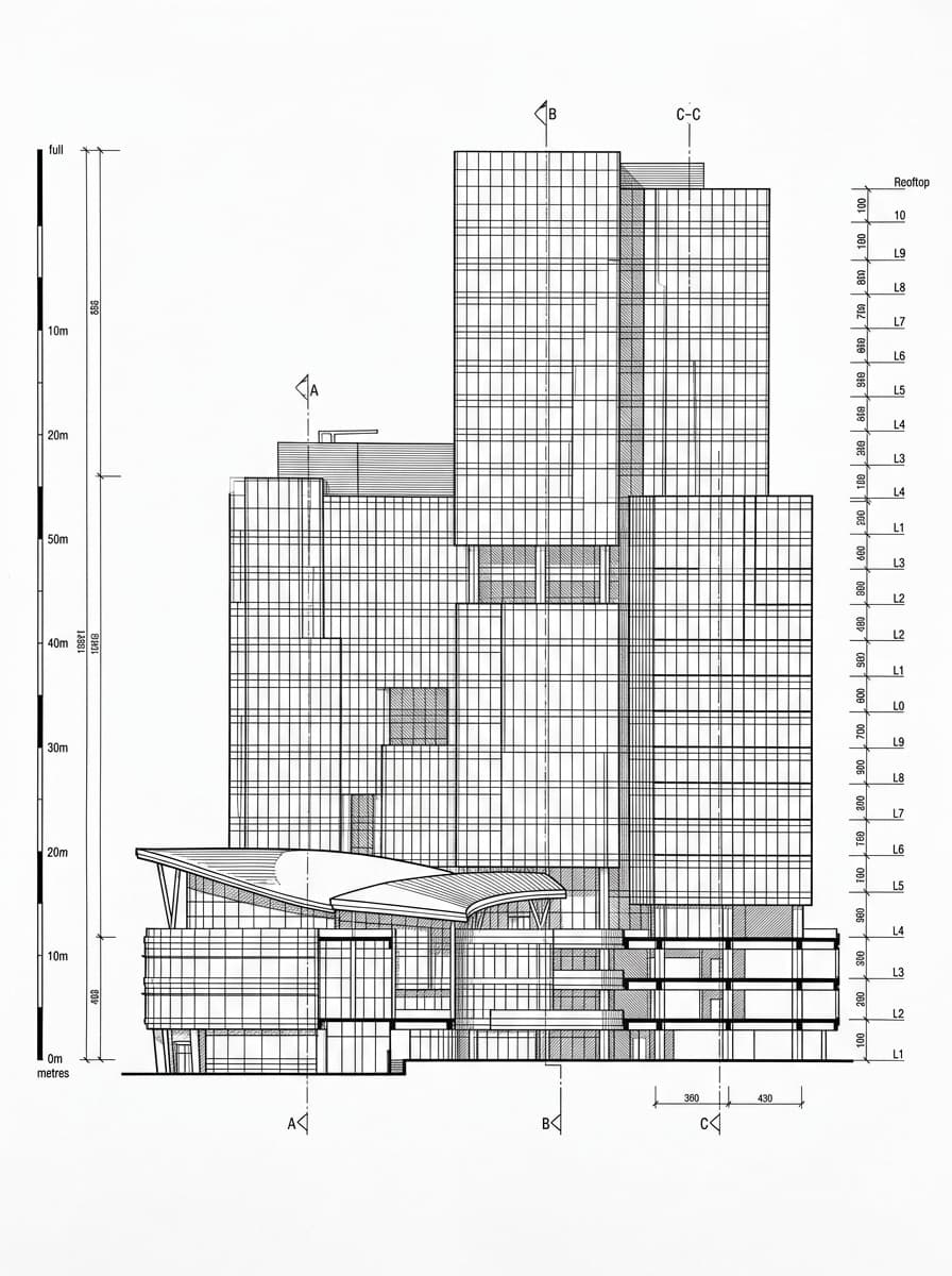 Architectural elevation drawing of Cyberport, Southern, Hong Kong