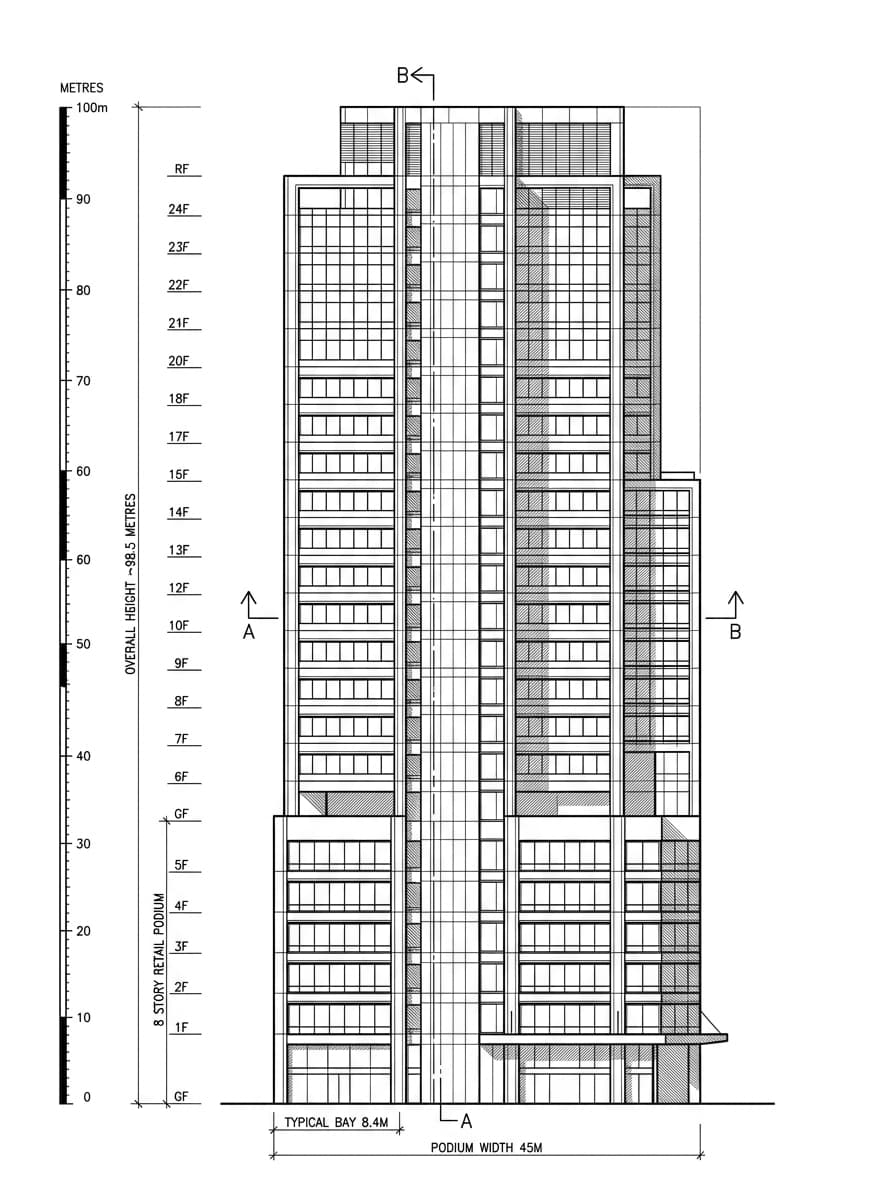 Architectural elevation drawing of Pioneer Centre, Yau Tsim Mong, Hong Kong