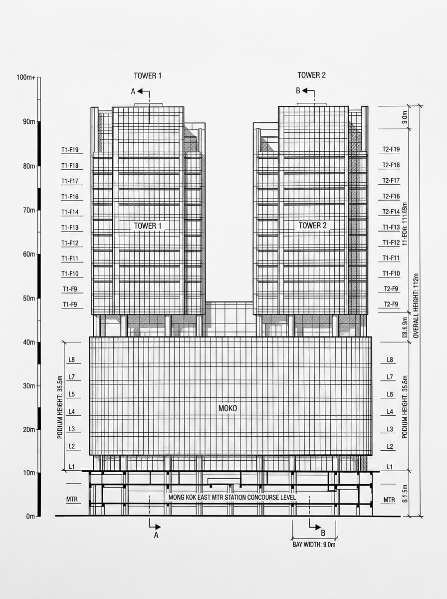 Architectural elevation drawing of Grand Century Place, Yau Tsim Mong, Hong Kong