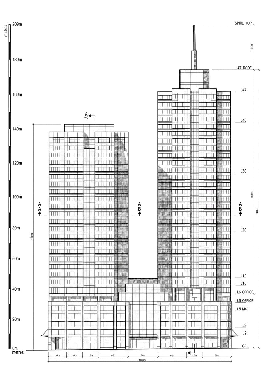 Architectural elevation drawing of Metroplaza, Kwai Tsing, Hong Kong