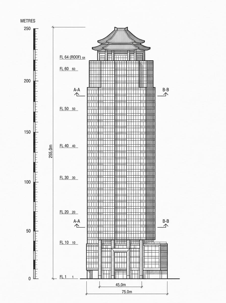 Architectural elevation drawing of Chinachem Tower, Sheung Wan, Hong Kong