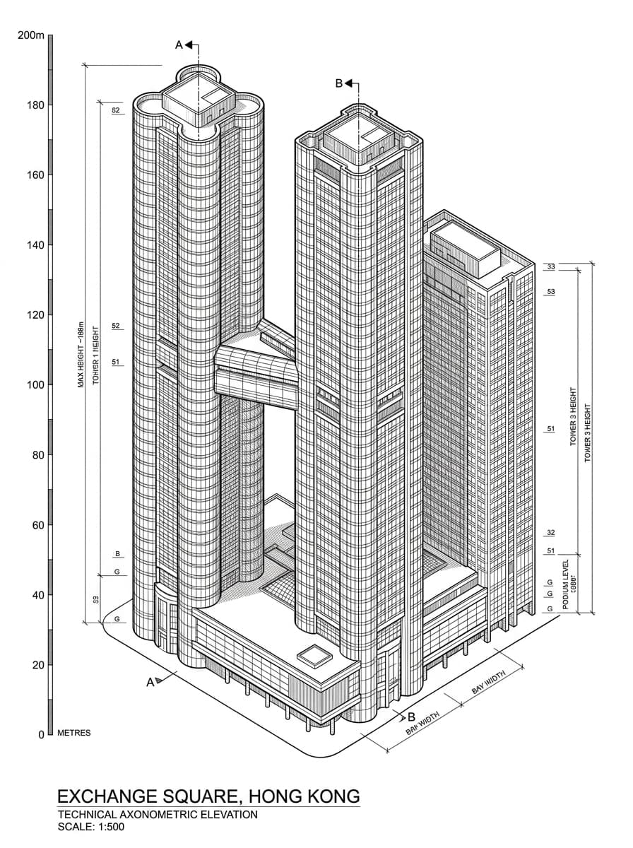 Architectural elevation drawing of Exchange Square, Central, Hong Kong