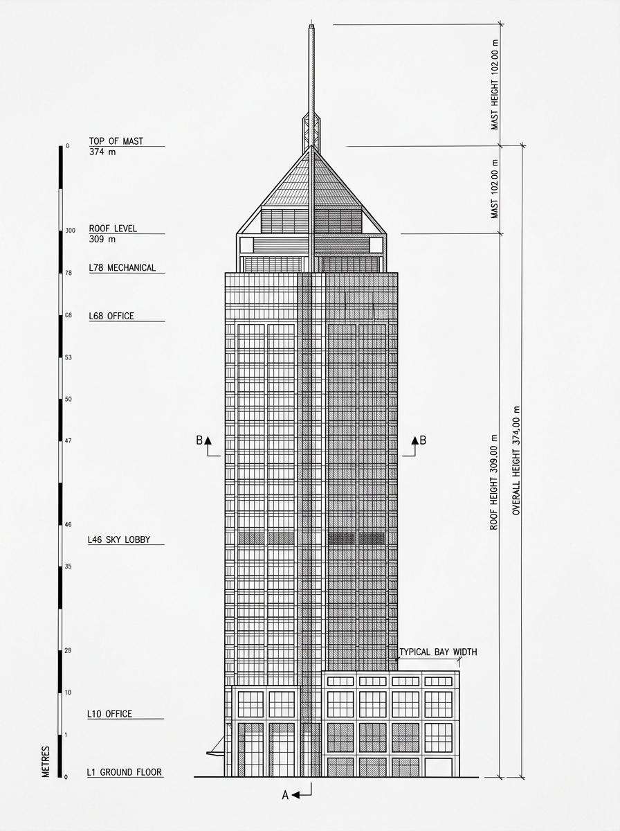 Architectural elevation drawing of Central Plaza, Wan Chai, Hong Kong