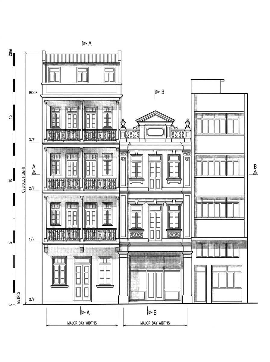 Architectural elevation drawing of Blue House Cluster, Wan Chai, Hong Kong