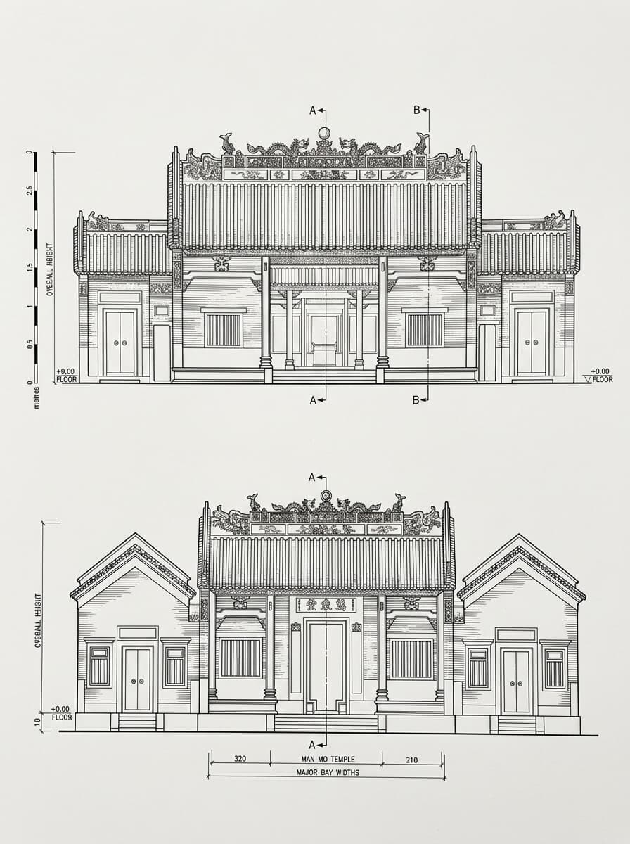 Architectural elevation drawing of Man Mo Temple, Sheung Wan, Hong Kong