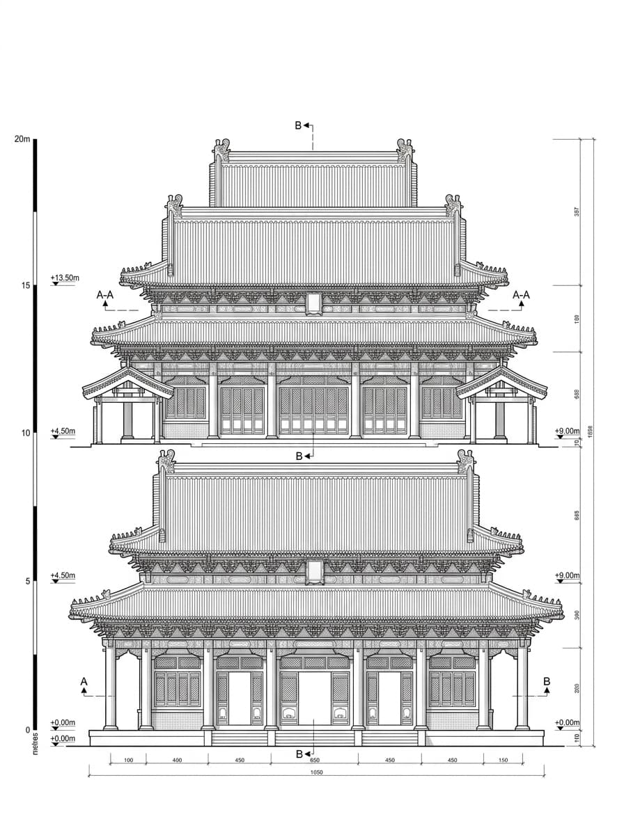 Architectural elevation drawing of Wong Tai Sin Temple, Wong Tai Sin, Hong Kong