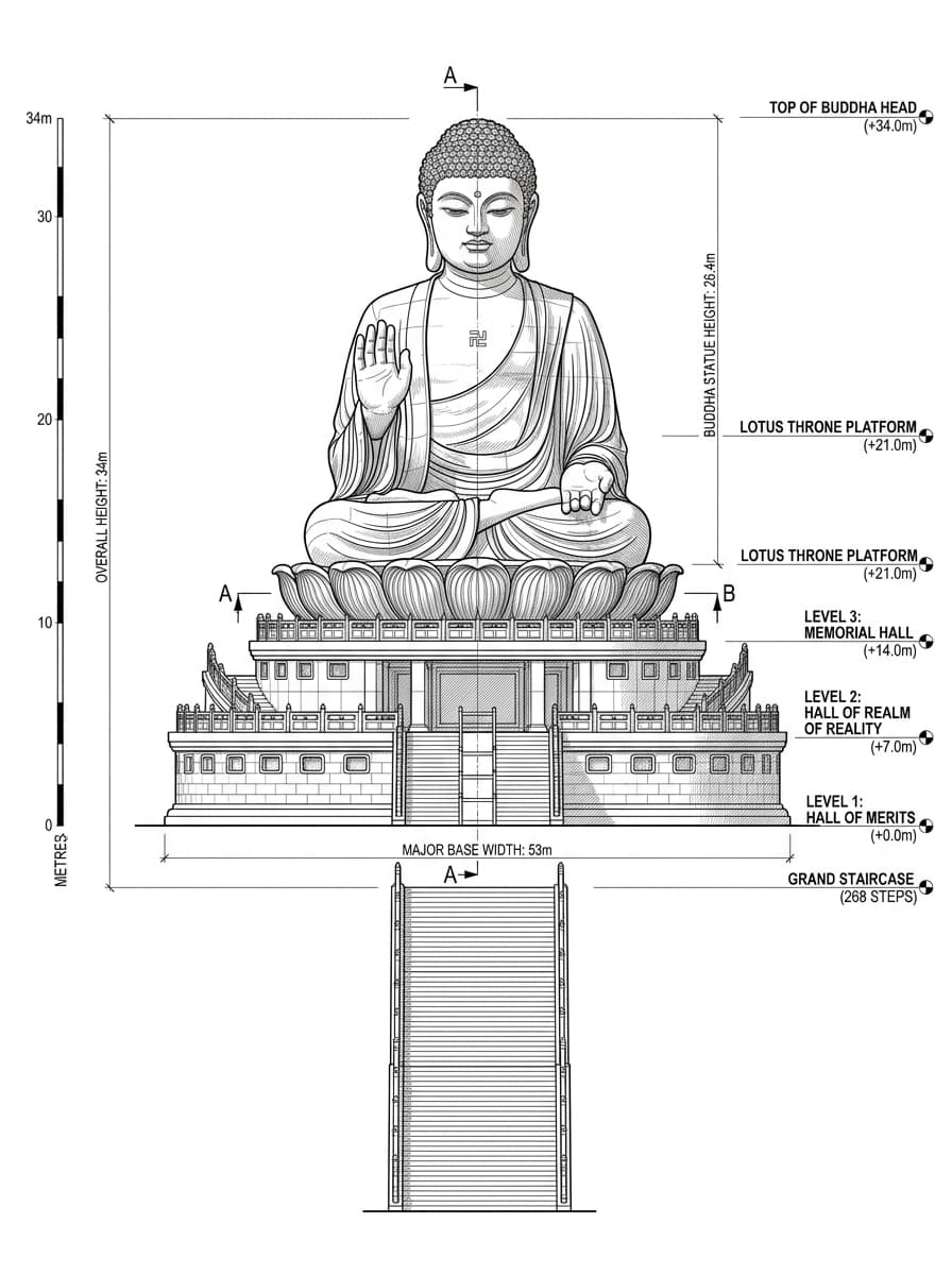 Architectural elevation drawing of Tian Tan Buddha, Islands, Hong Kong