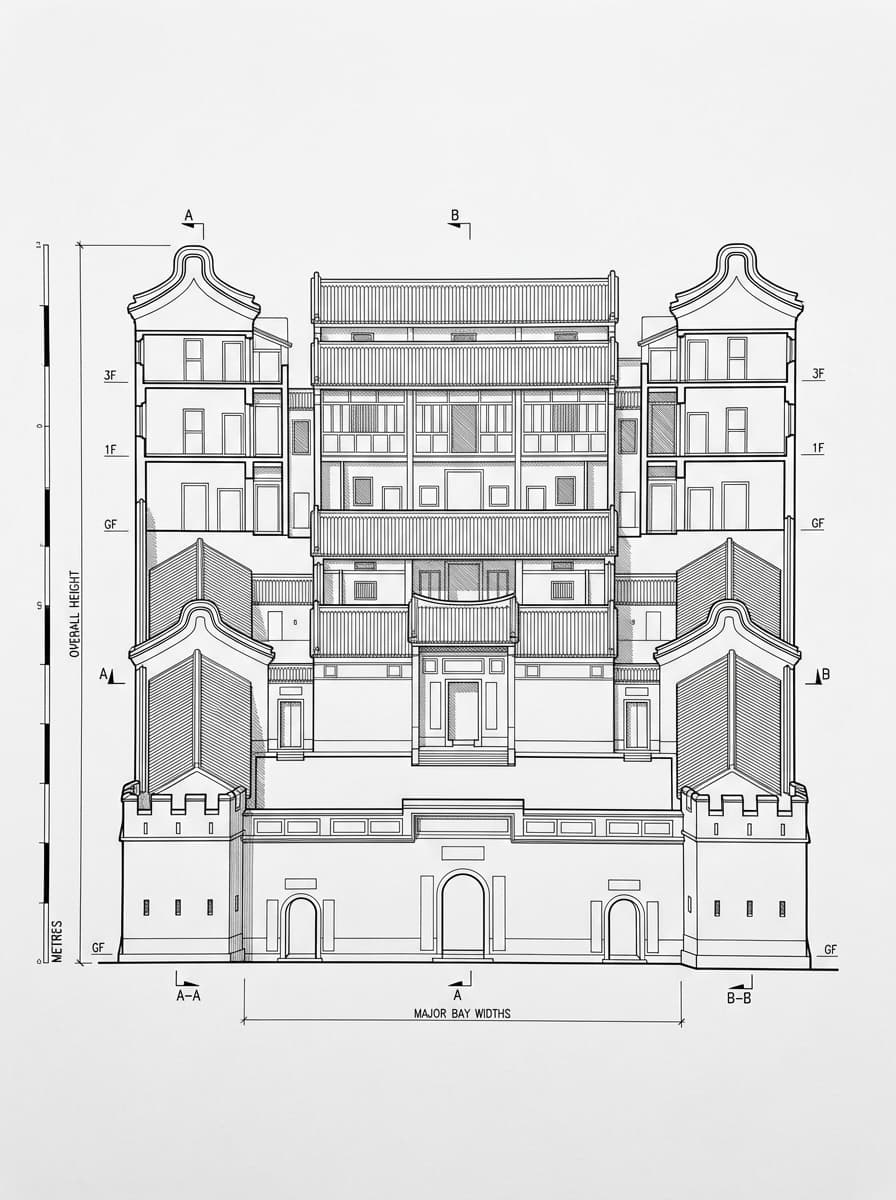 Architectural elevation drawing of Tsang Tai Uk, Sha Tin, Hong Kong