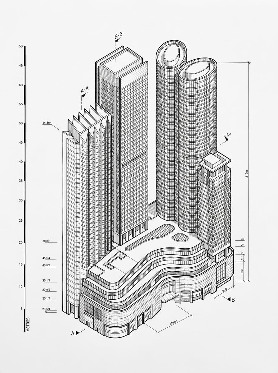 Architectural elevation drawing of Pacific Place, Admiralty, Hong Kong