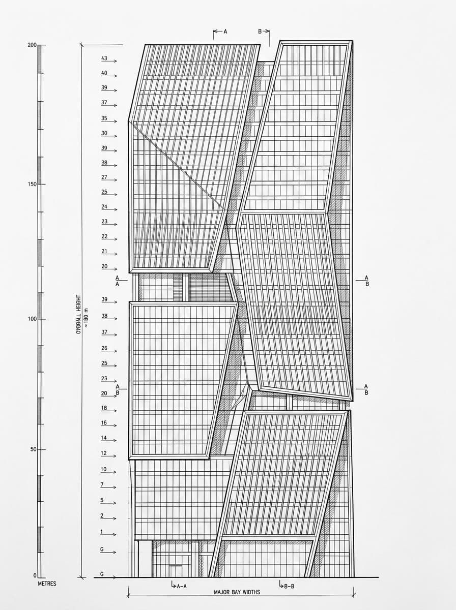 Architectural elevation drawing of Landmark East (AXA Tower), Kwun Tong, Hong Kong