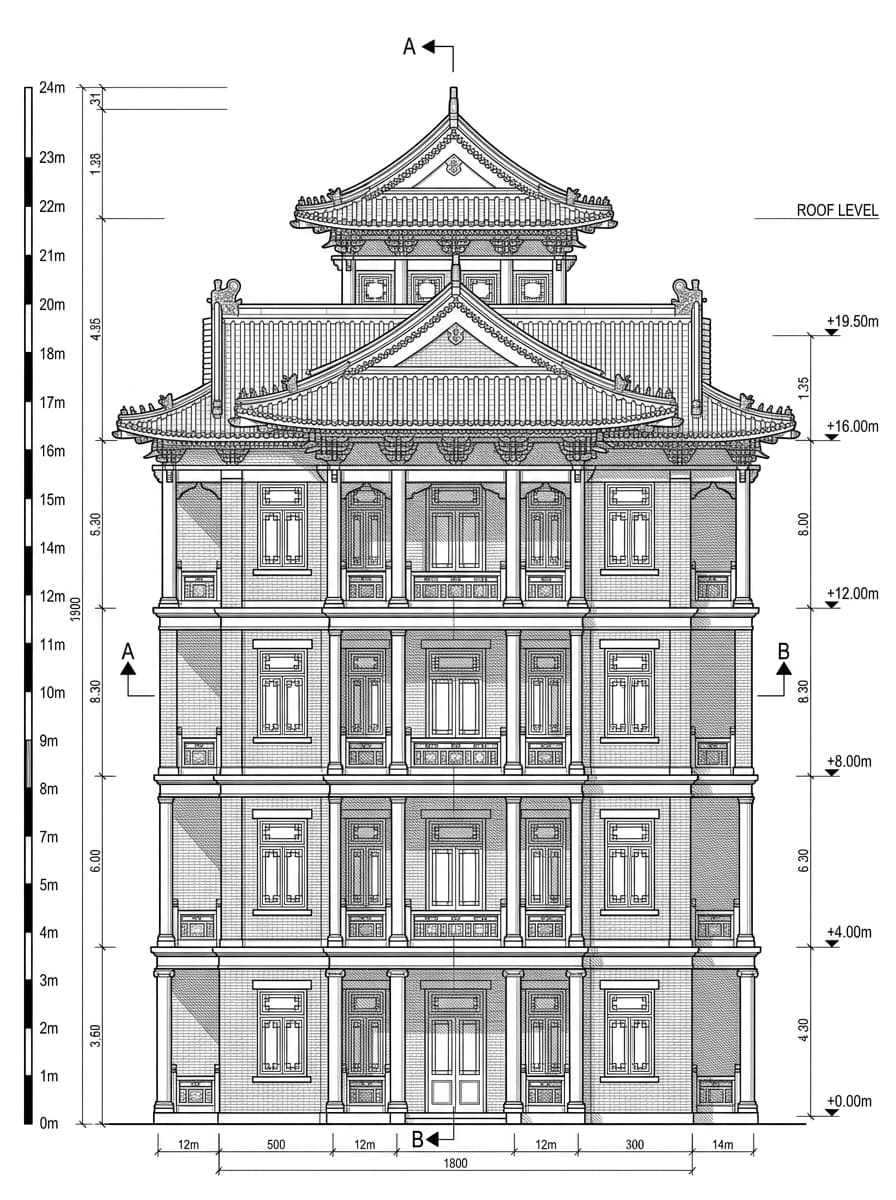 Architectural elevation drawing of King Yin Lei, Wan Chai, Hong Kong